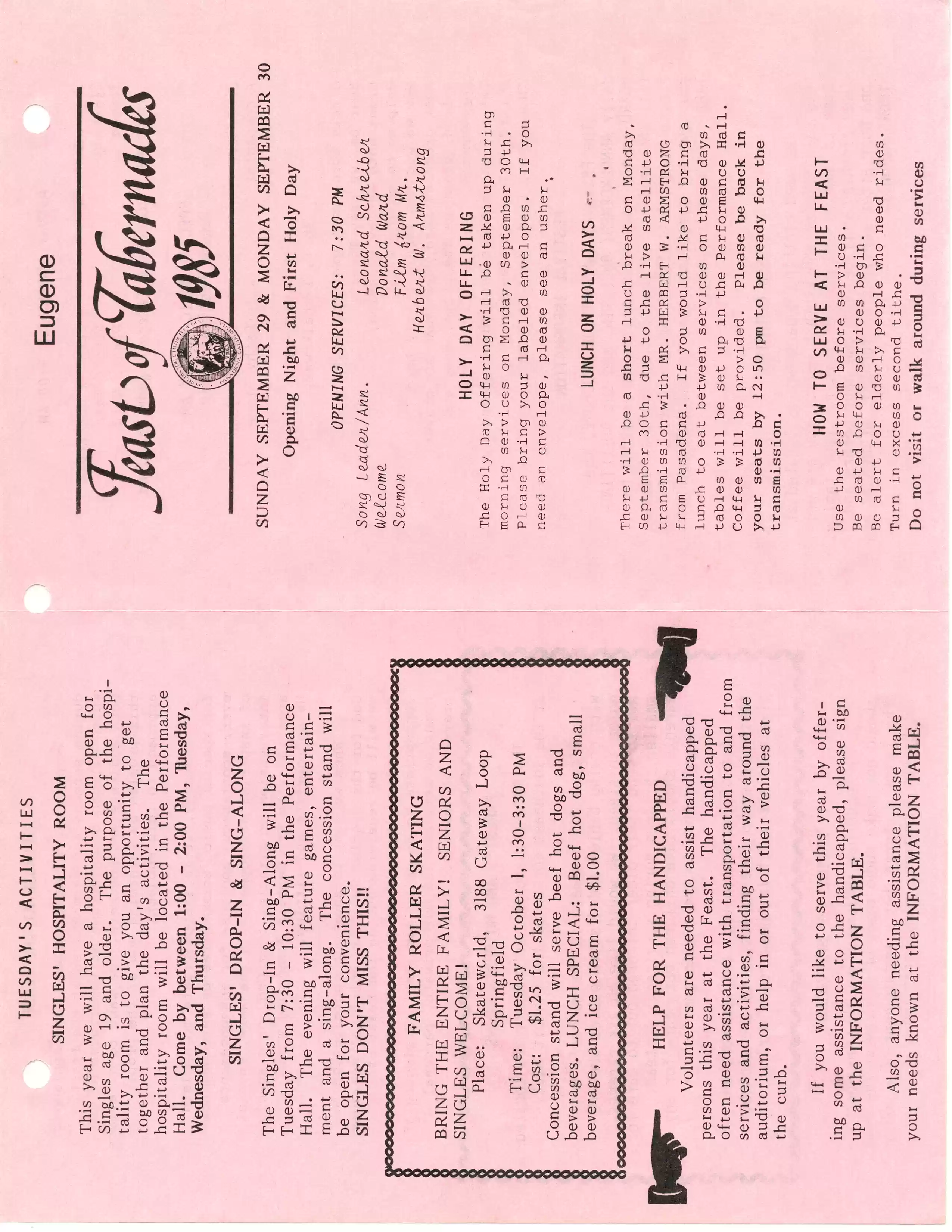 Eugene FT bulletin 9-29&30-85, pg1